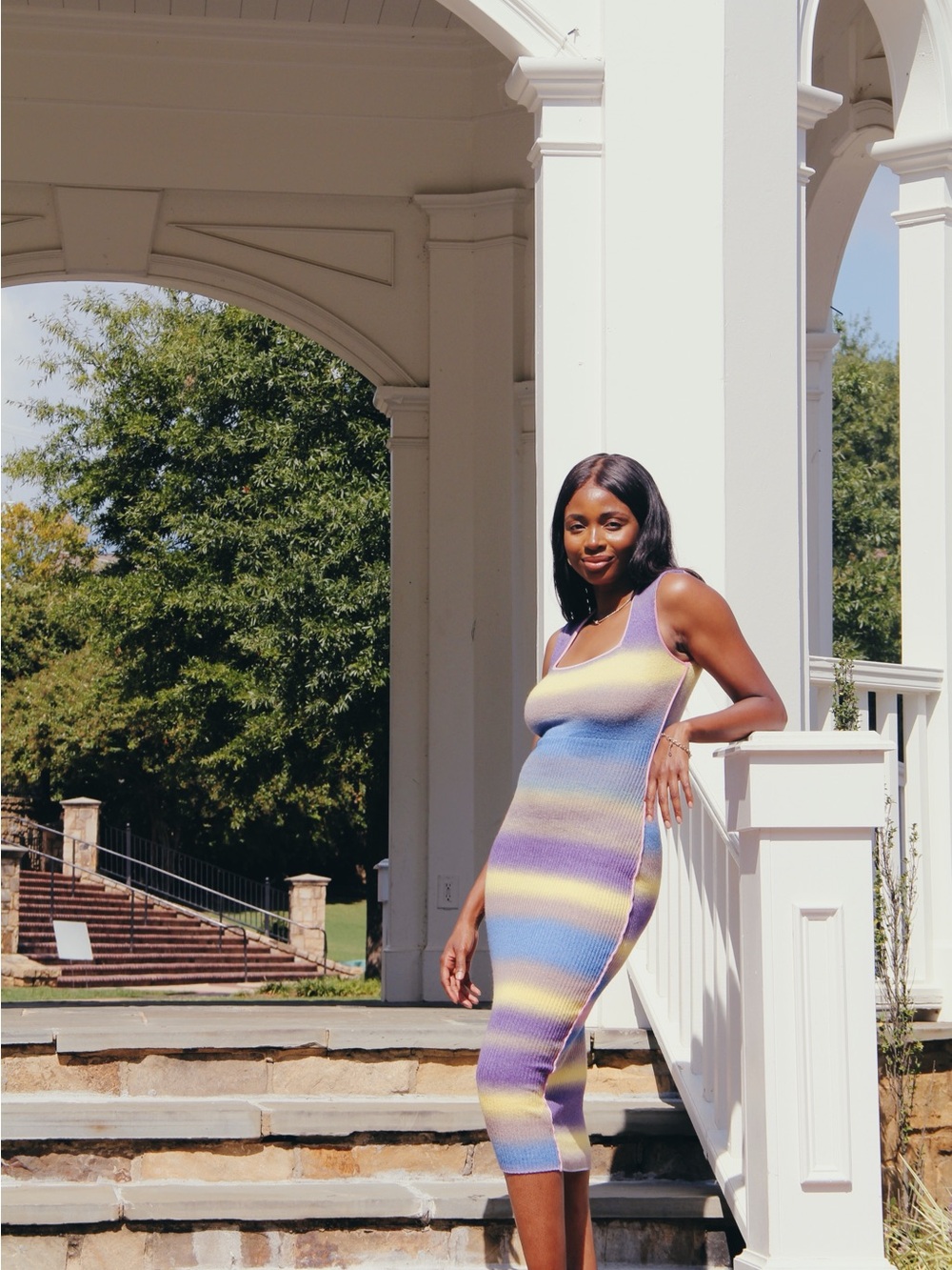 Fashion Nova Striped Scoop Neck Maxi Dress in Yellow, Purple & Blue